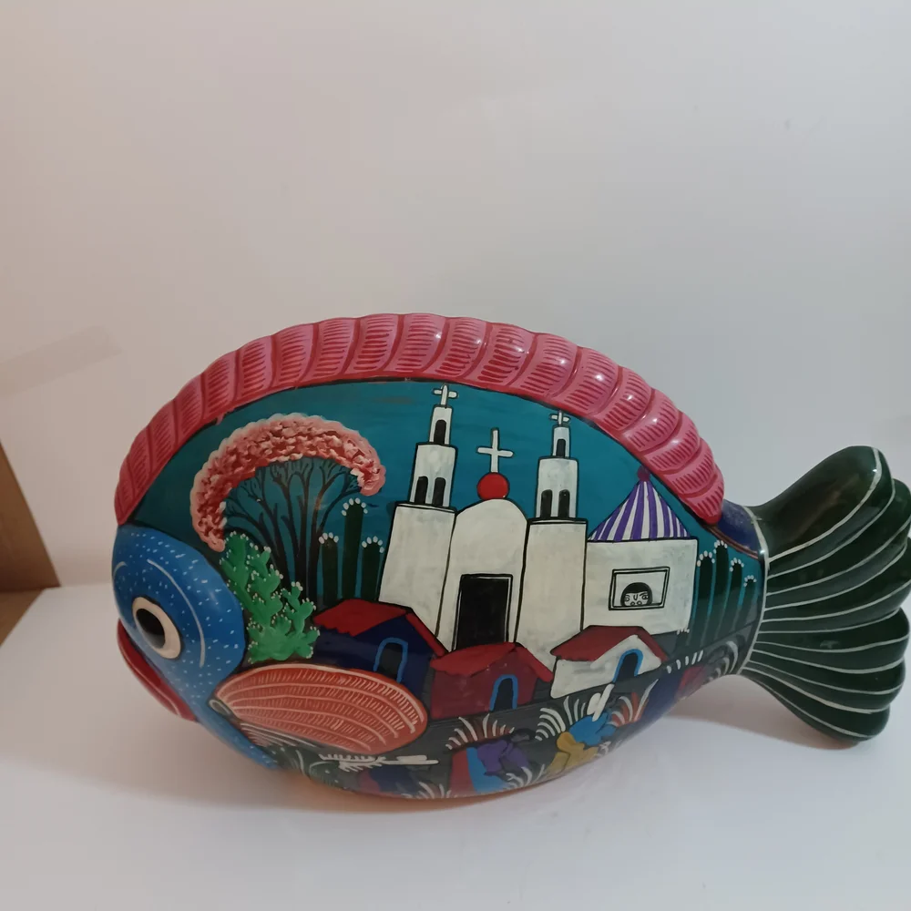 Handpainted Terracotta Mexican Folk Art Large Fish 15X9.5